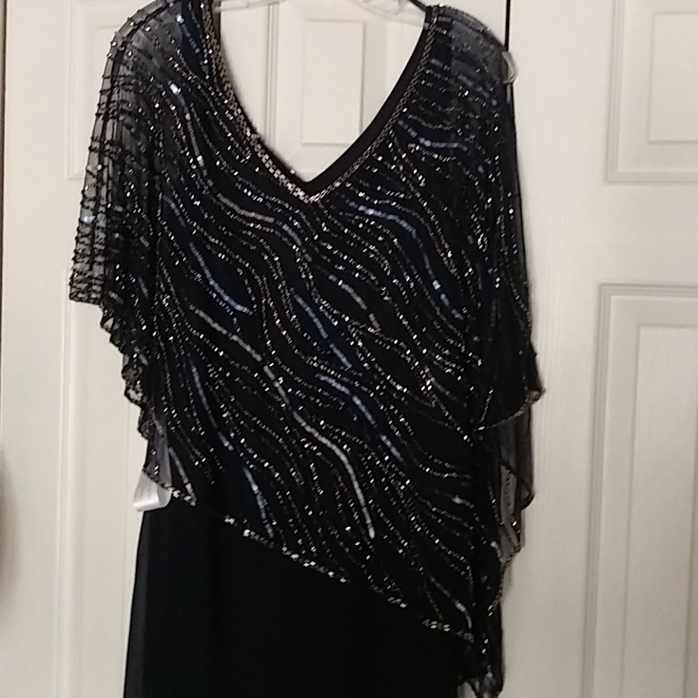 Jkara beaded v-neck overlay Illusion Gown